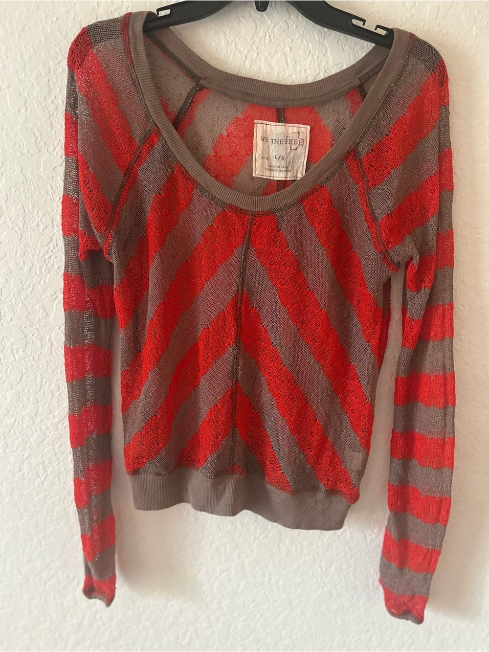 We The Free Red & Taupe Striped Scoop-Neck Pullover